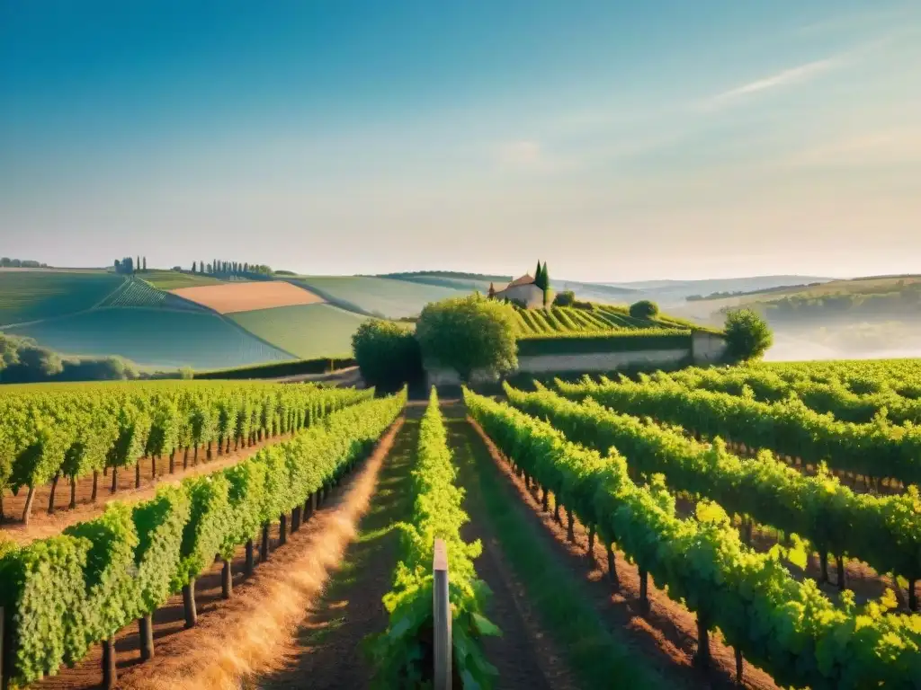 Viñedos menos conocidos en Francia: Detalle de un viñedo bañado por el sol, con vides verdes y bodega de piedra al fondo