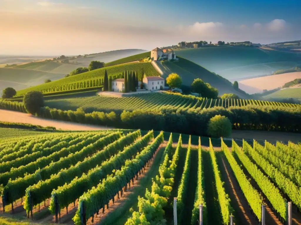 Viñedos menos conocidos en Francia: Vista aérea detallada de viñedos ondulantes al atardecer, con un encantador château entre las vides