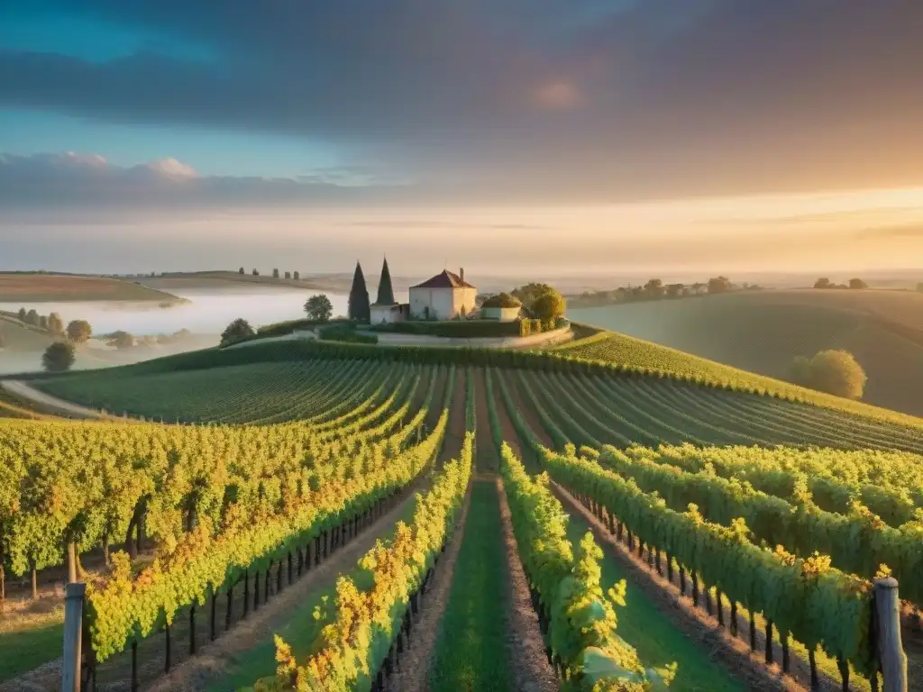 Viñedos dorados al atardecer en la región de Cognac, resaltando la belleza y tranquilidad del terroir único