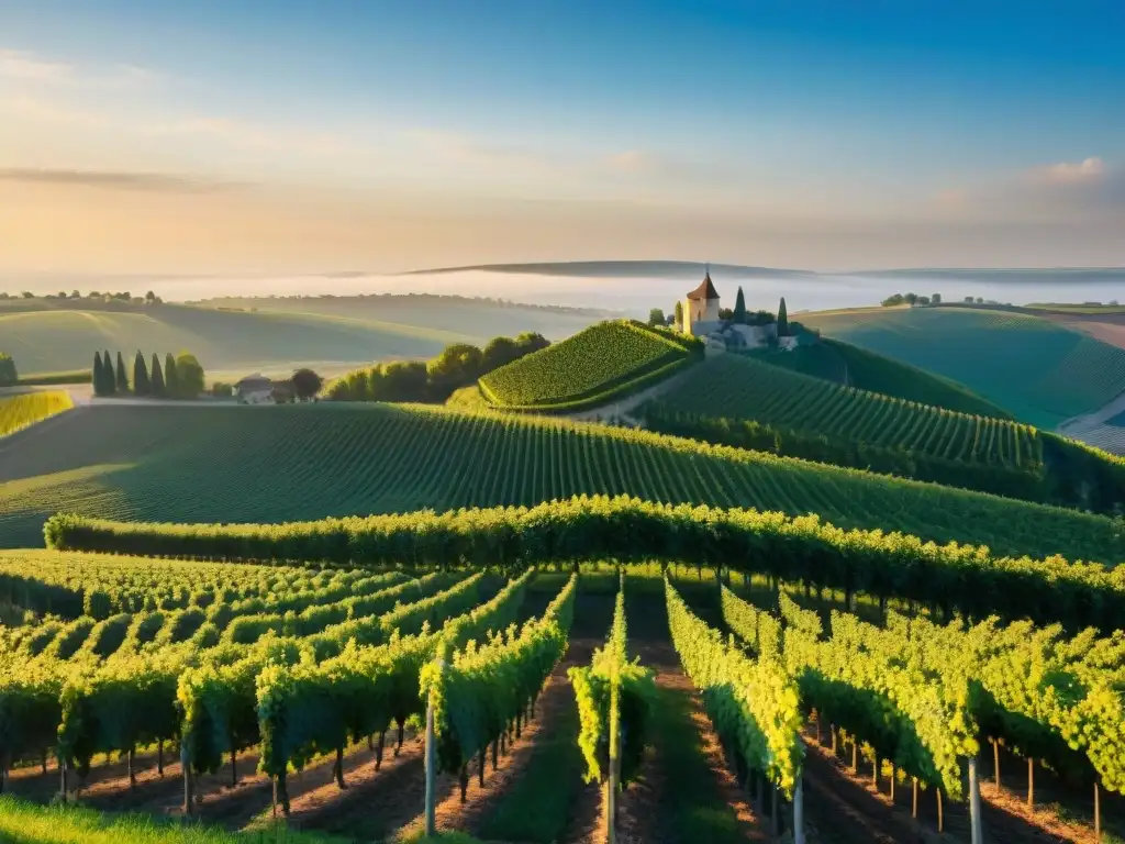 Viñedos dorados de Champagne al atardecer, con chateaus franceses de fondo