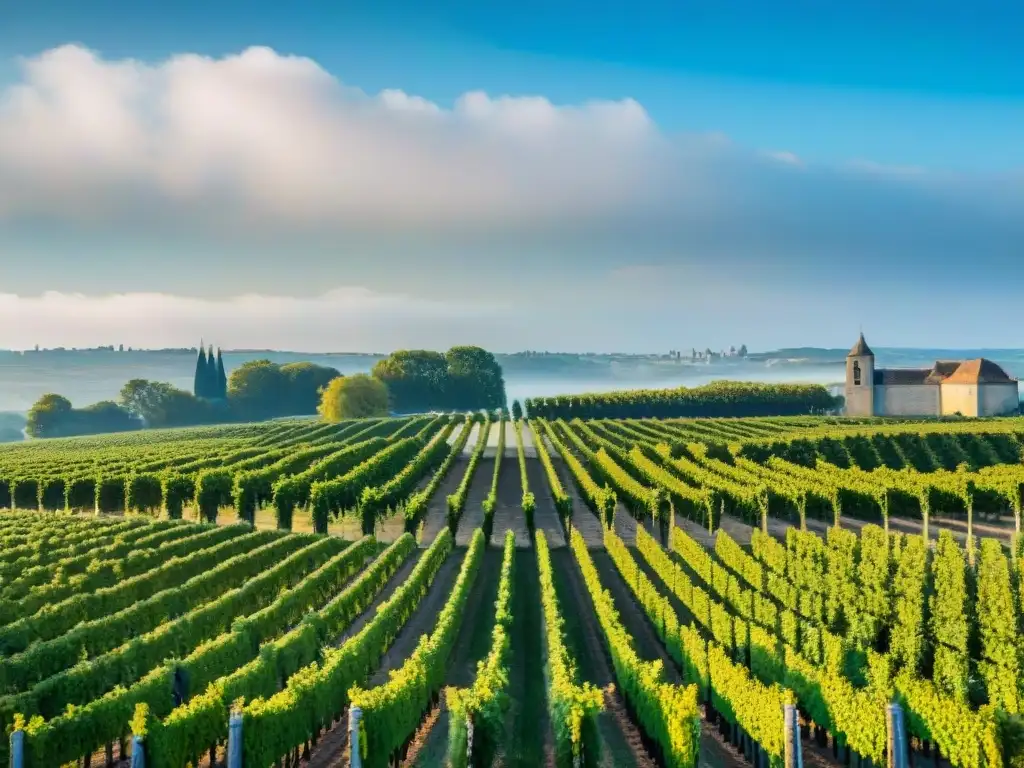 Viñedos exquisitos de Burdeos, Francia, bajo cielo azul, con châteaus históricos