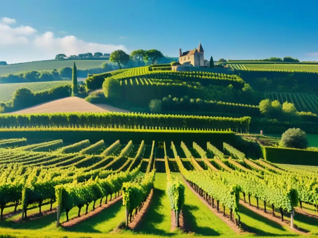 Viñedos exuberantes de Normandía, tesoro de la gastronomía francesa, bajo un cielo azul