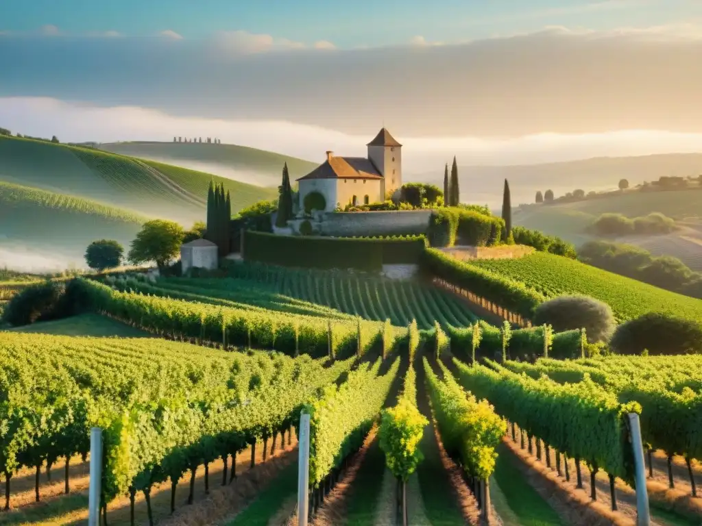 Vinedos franceses al atardecer, con chateau de piedra en colinas - geografía de sabores en Francia