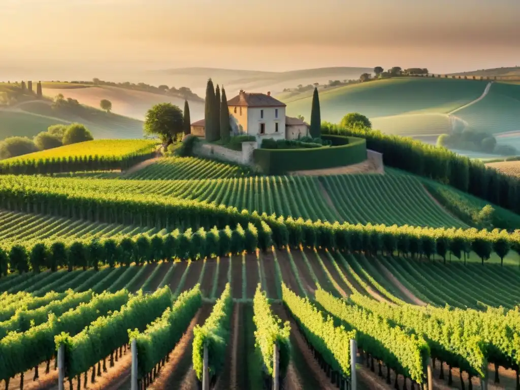 Viñedos franceses al atardecer con filas de vides verdes