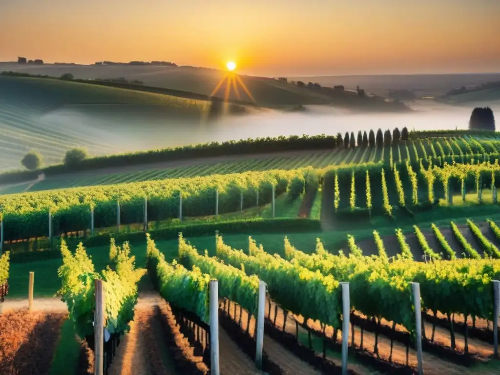 Viñedos franceses al atardecer con sommeliers inspeccionando uvas