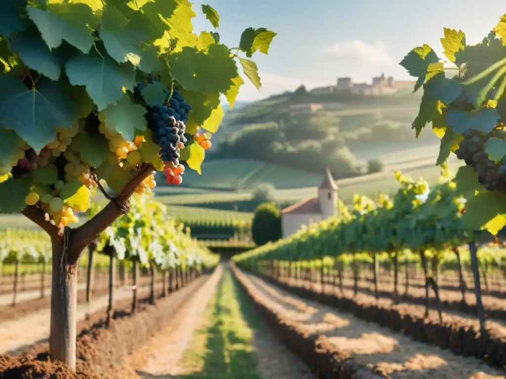 Vinedos franceses al atardecer con chateau y degustación