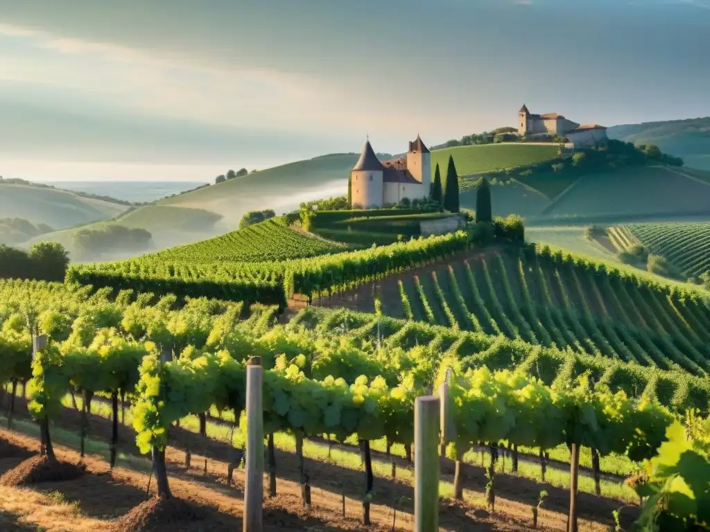 Vinedos franceses bañados por el sol, mostrando sostenibilidad en la industria vinícola francesa