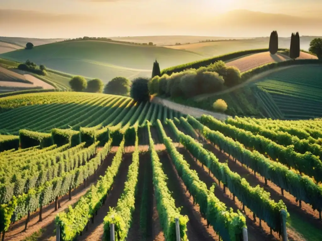 Viñedos franceses bañados por el sol al atardecer, agricultores cosechando uvas