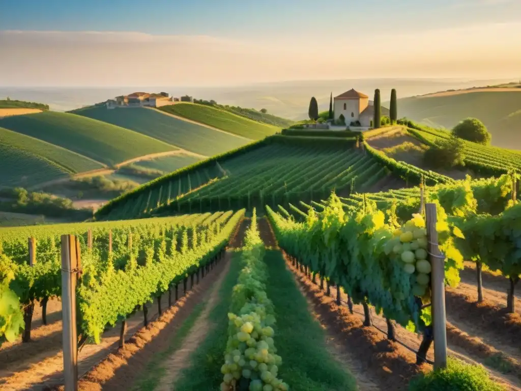 Viñedos franceses: red de vides en colinas doradas Viñedos franceses con uvas maduras brillando al sol poniente, resaltando la influencia del suelo en vino