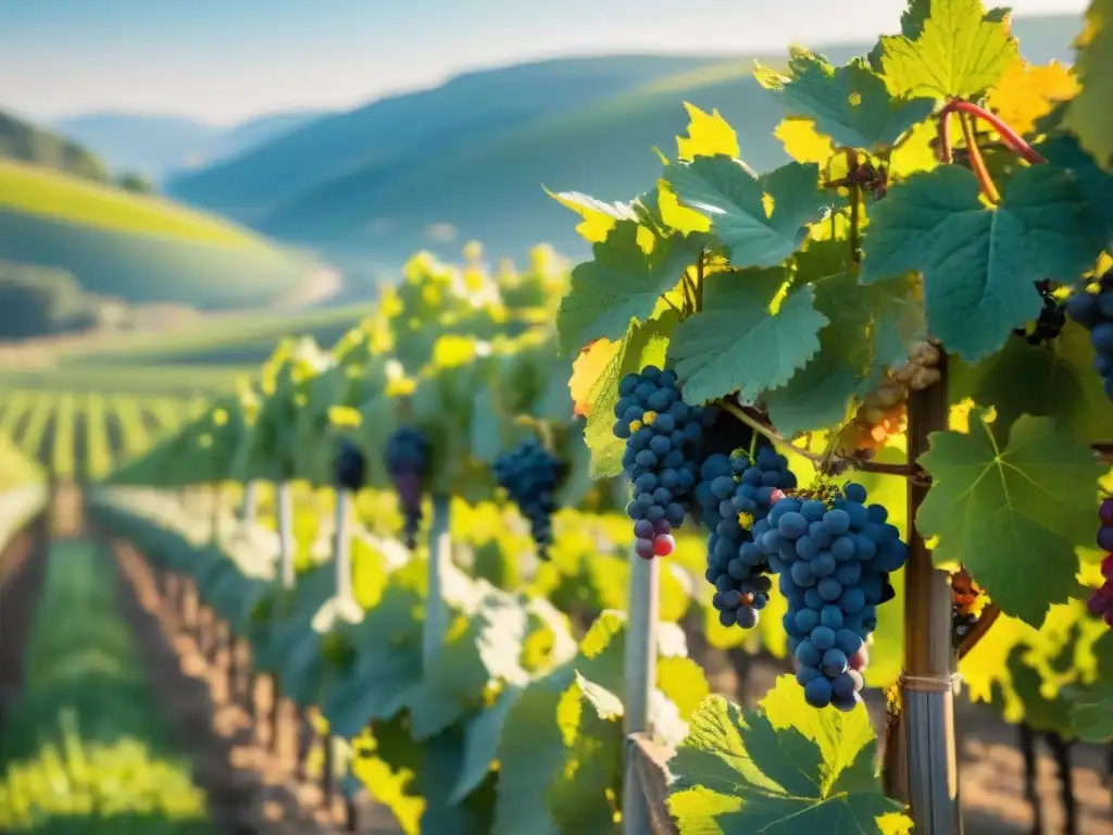 Viñedos franceses: vinos orgánicos en un paisaje tranquilo, con uvas maduras y colores vibrantes bajo el sol, abejas zumbando