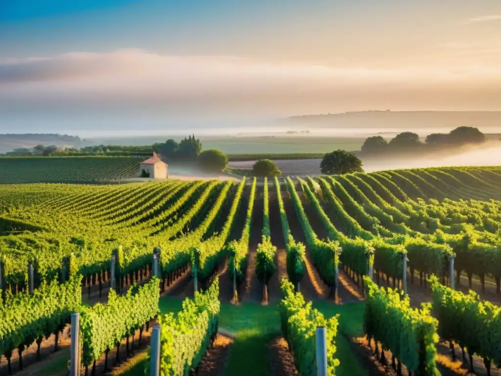 Amanecer en los viñedos icónicos de Burdeos, mostrando la belleza de las Rutas del vino en Francia