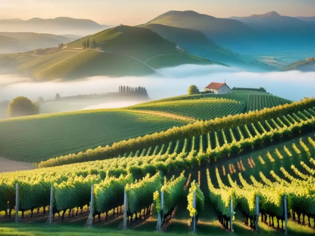 Viñedos de Jura al amanecer con viticultor inspeccionando uvas