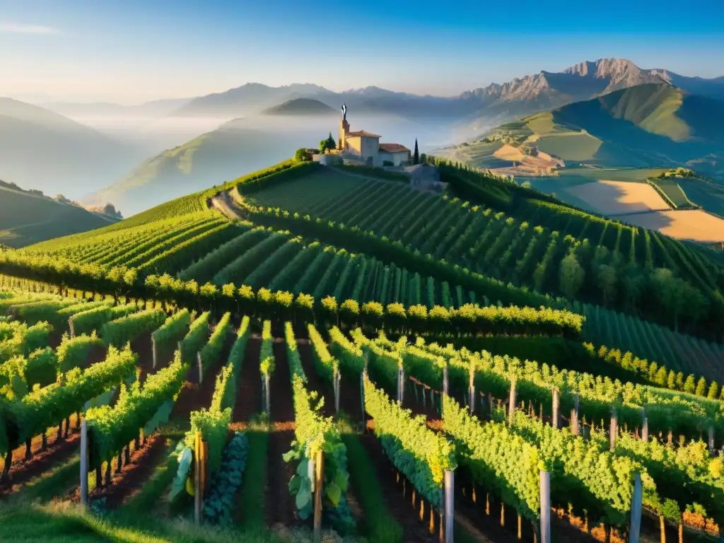 Viñedos en las montañas de Francia al amanecer, mostrando la belleza única de la región vinícola