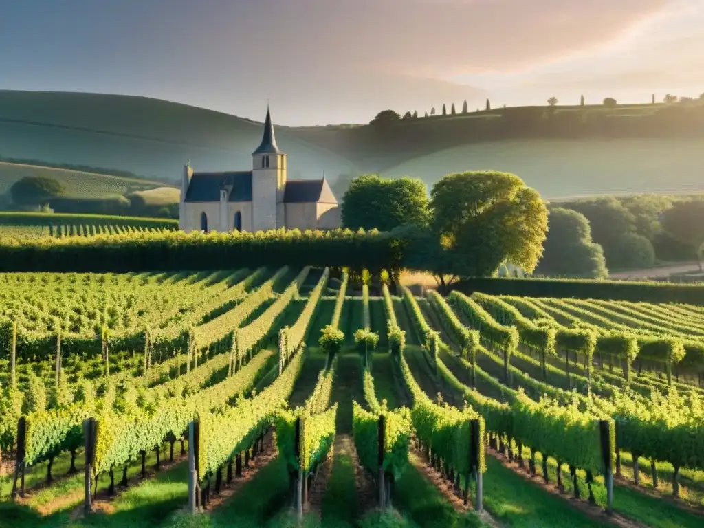 Viñedos de Normandía al atardecer, con uvas maduras y bodega tradicional