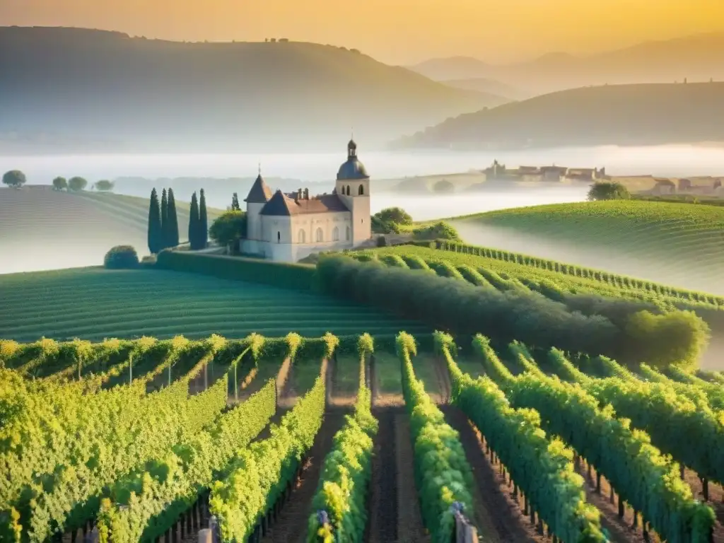 Viñedos ondulantes de Burdeos al atardecer, con filas de uvas verdes bajo la luz dorada