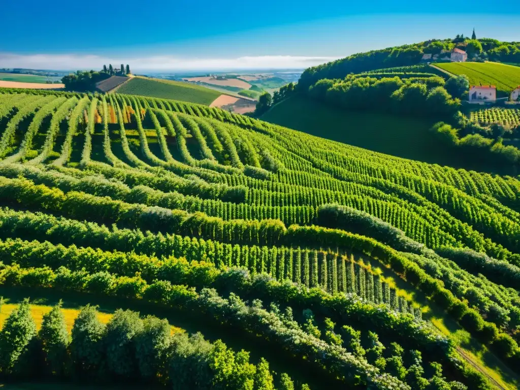 Viñedos ondulantes de Champagne con un pequeño pueblo al fondo, el paisaje perfecto de la gastronomía francesa vinos quesos Champagne