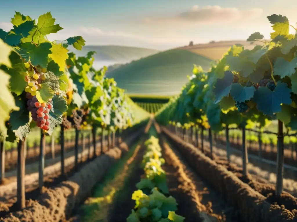 Contraste impactante: viñedos orgánicos vs Dos viñedos: uno orgánico rebosante de vida y biodiversidad, y otro convencional estéril