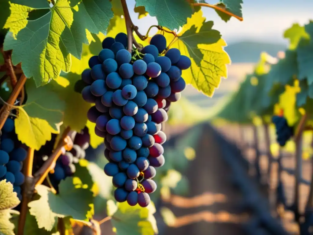 Viñedos orgánicos en la gastronomía francesa: red de uvas púrpuras brillando bajo el sol