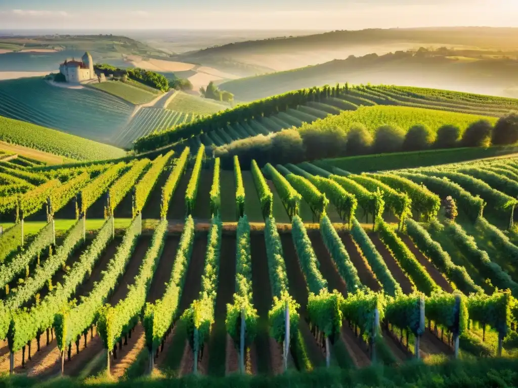 Vinedos en la región de Bordeaux, con patrones geométricos de viñedos verdes bajo la luz dorada, simbolizando la rica cultura vinícola de Francia