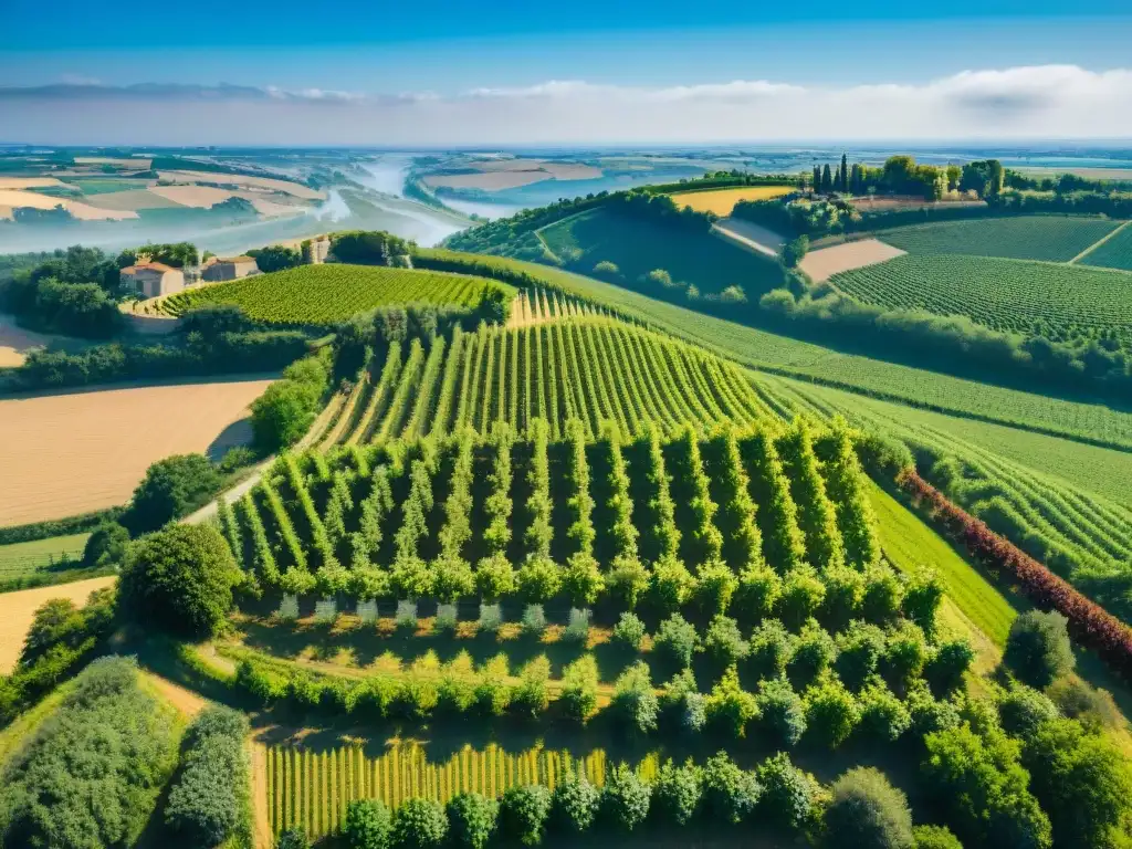 Viñedos de Burdeos, Francia, muestran patrones de uvas con el río Gironde y chateaus, influencia gastronomía francesa vinos