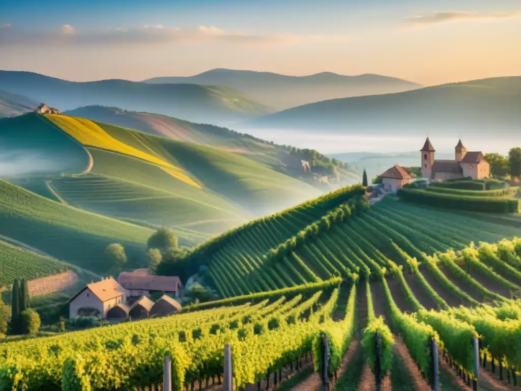 Viñedos pintorescos al atardecer en Alsacia, con colores vibrantes de las vides y una bodega encantadora