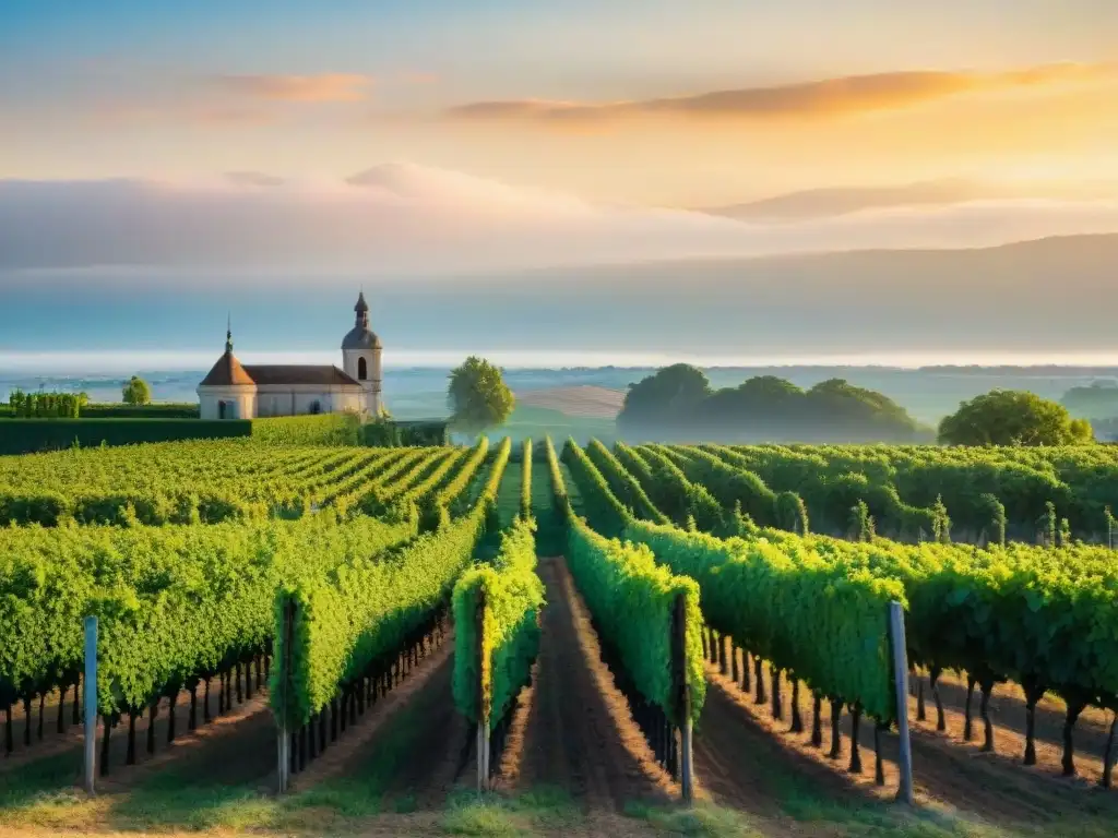 Viñedos pintorescos de Burdeos al atardecer, con filas de uvas verdeantes bajo un cielo colorido