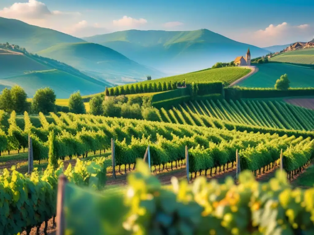 Viñedos pintorescos en Alsacia, Francia, con colores vibrantes y montañas al fondo