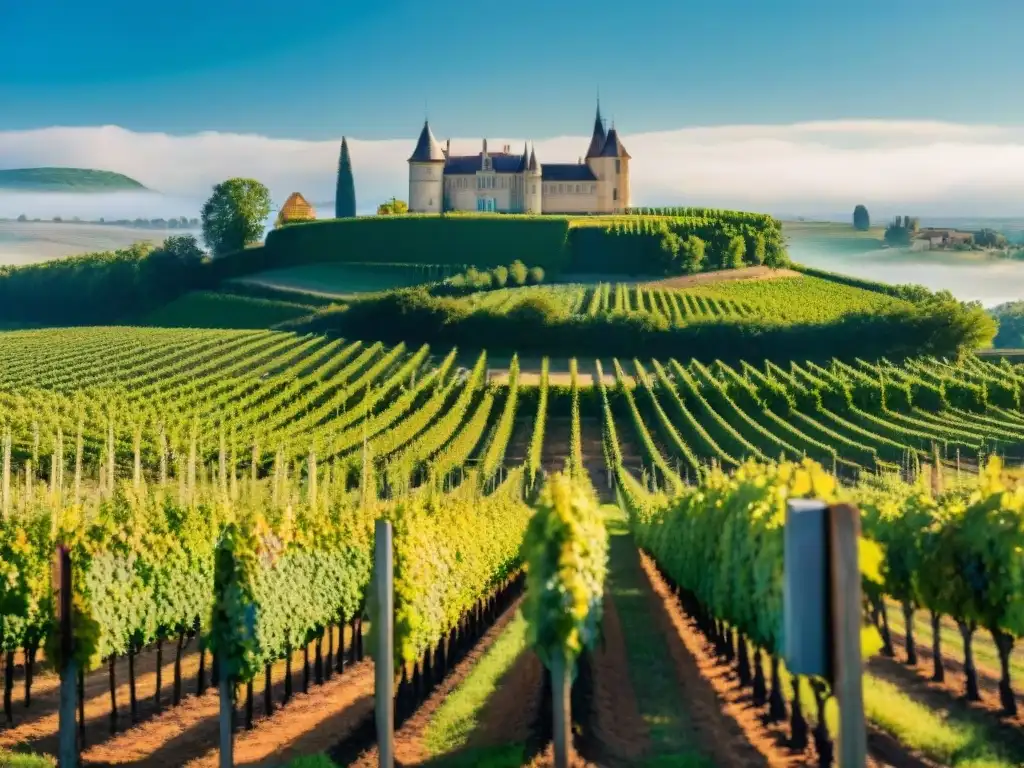 Viñedos pintorescos de Burdeos, Francia, con filas de uvas bajo el cielo azul y un chateau francés al fondo