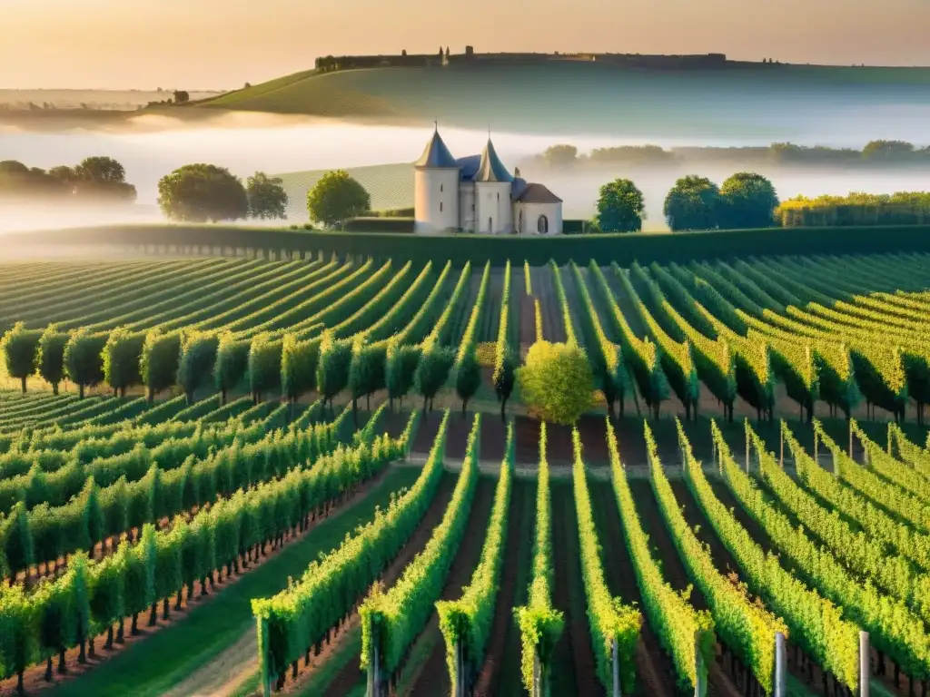 Viñedos pintorescos de Bordeaux, Francia, con trabajadores eco-friendly cuidando las uvas al sol