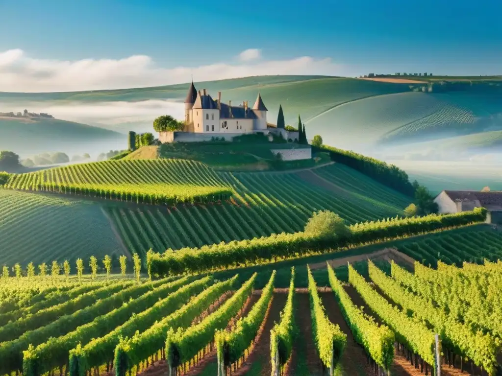 Viñedos pintorescos de la región de Borgoña en Francia, con vides verdes ordenadas bajo el cielo azul y un château histórico entre colinas