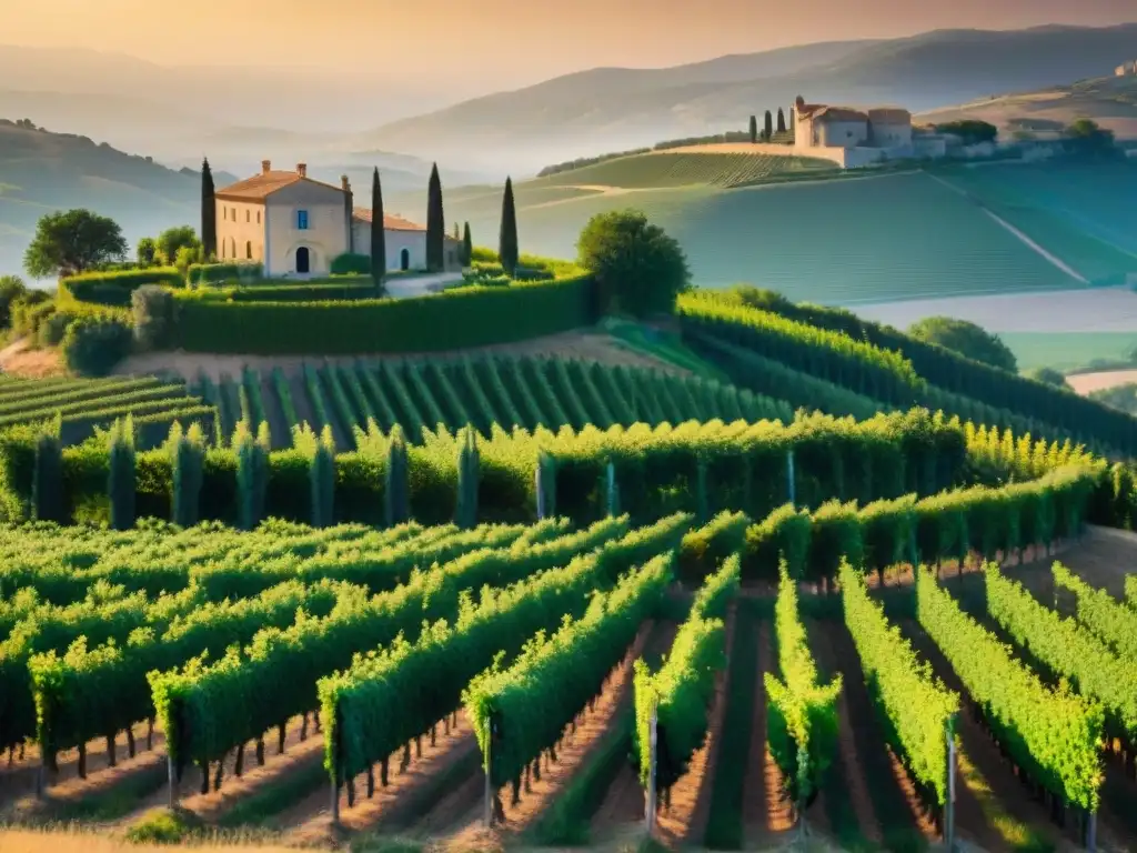 Viñedos de Provenza al atardecer: filas de uvas doradas, colinas y un castillo