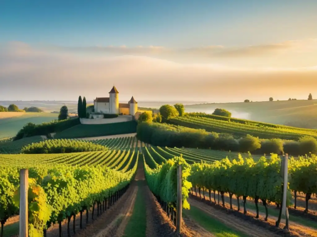 Viñedos de Sauternes en Francia, con filas de uvas bañadas por el sol