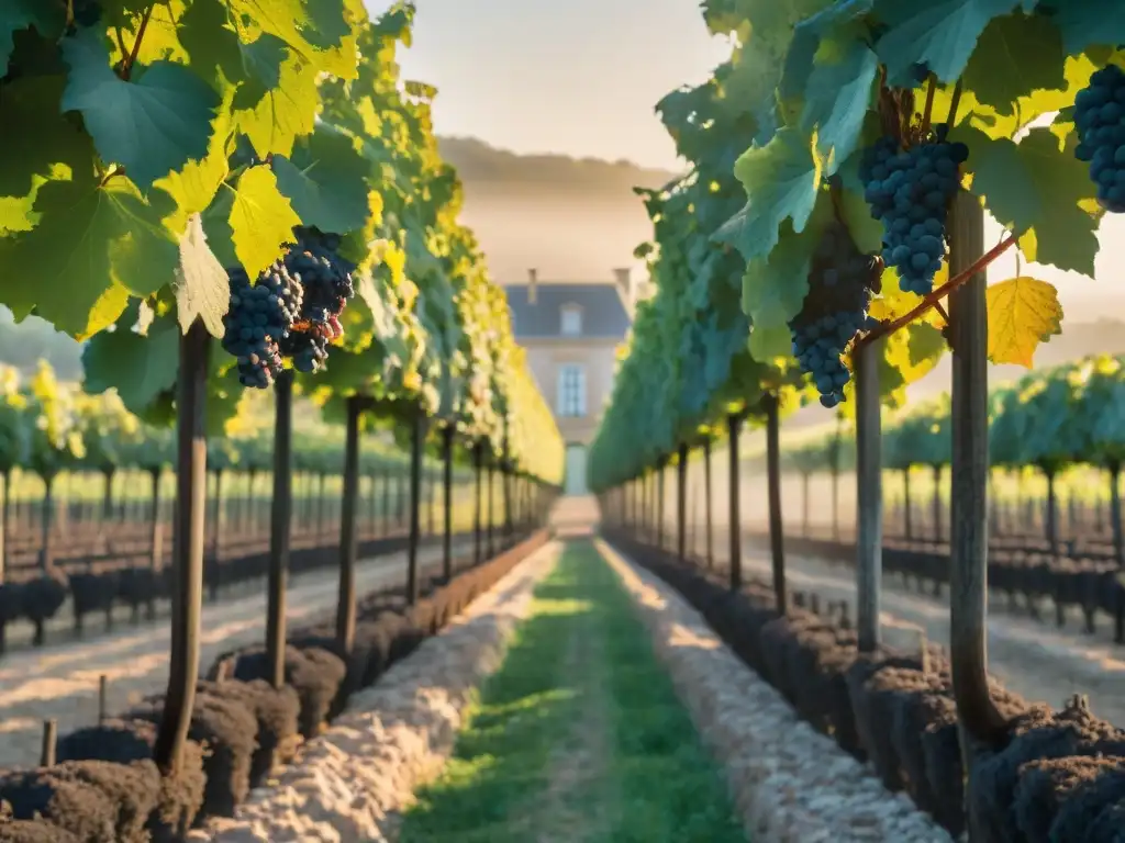 Viñedos de Château Margaux al amanecer en Francia, con el sol dorado iluminando las filas de uvas