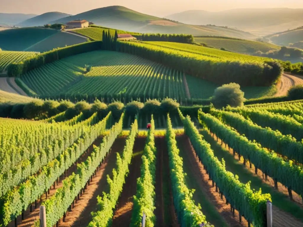 Viñedos en el suroeste francés: Atardecer dorado sobre interminables hileras de viñedos, con un viticultor inspeccionando las vides al fondo