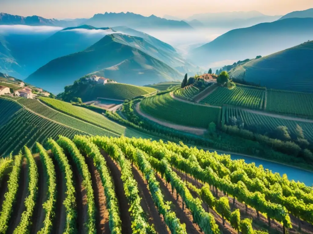 Viñedos de montaña en Francia con terrazas de uvas tintas bajo cielo azul vibrante