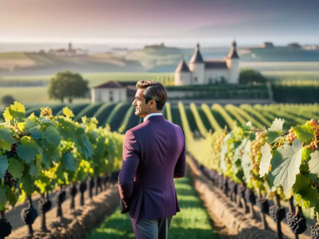 Viñedos de Bordeaux, Francia: trabajador inspecciona uvas Merlot