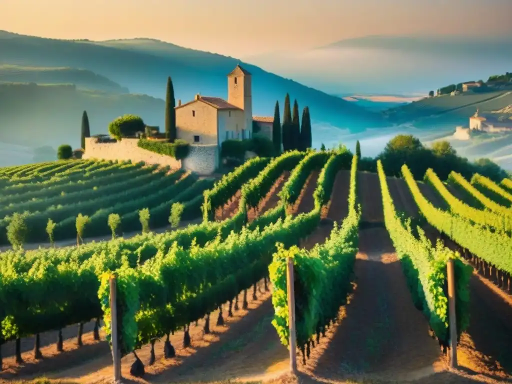 Viñedos tradicionales en Provence al atardecer, trabajadores cuidan las vides