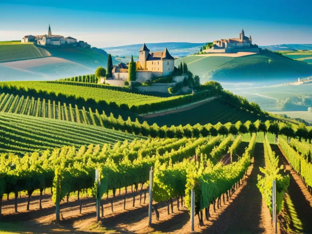 Vinedos verdes en colinas de Francia, con chateau al fondo