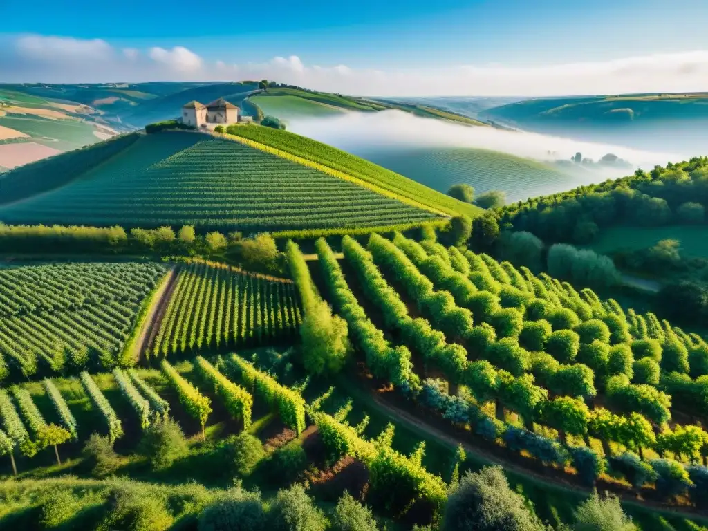 Vinedos verdes en colinas francesas, agricultores en prácticas agrícolas sostenibles con molinos al fondo y río sereno