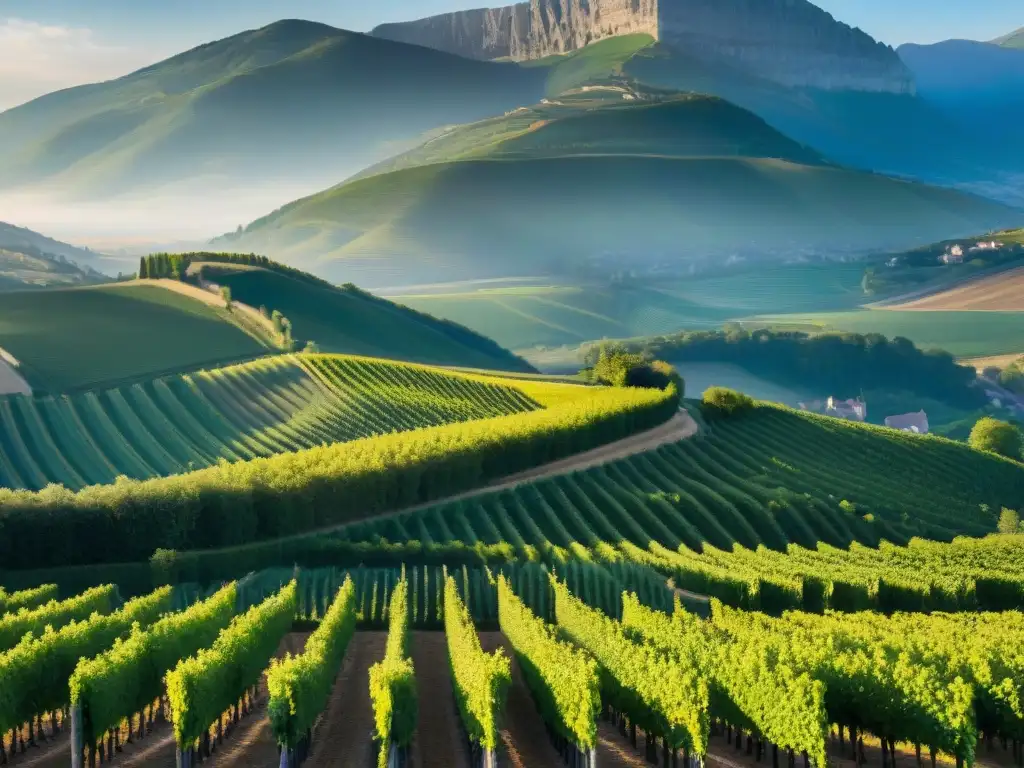 Vinedos verdes y montañas nevadas en Borgoña y RódanoAlpes, escenario de los mejores restaurantes