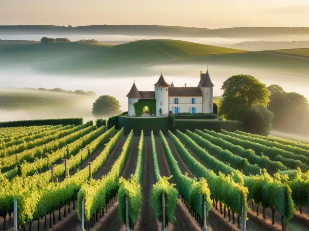 Viñedos de Sauternes al Amanecer: Belleza Dorada Viñedos verdes de Sauternes, Francia al amanecer