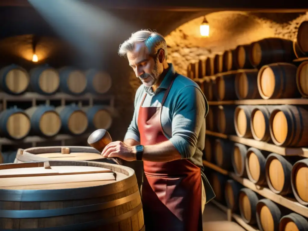 Un vinicultor francés inspecciona barricas de roble en bodega centenaria