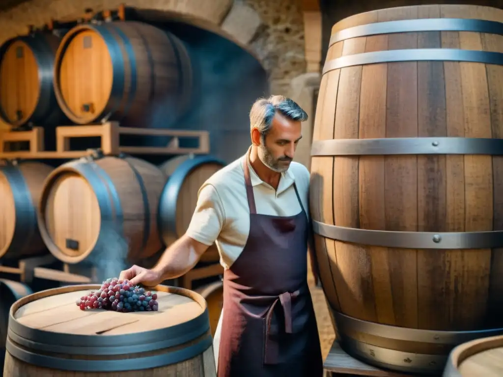 Vinicultor francés inspeccionando fermentación en barricas de roble, destacando uso de levaduras en Francia