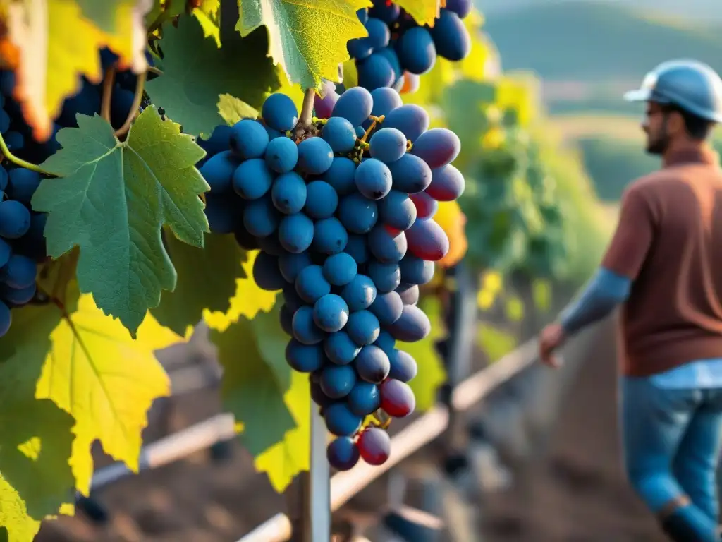 La innovación en la vinicultura francesa cobra vida con una máquina robótica recolectora de uvas en acción en un viñedo pintoresco al atardecer