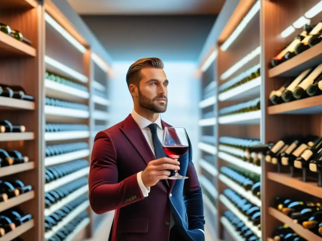 Sommelier examinando vino tinto francés con atención, rodeado de elegantes botellas