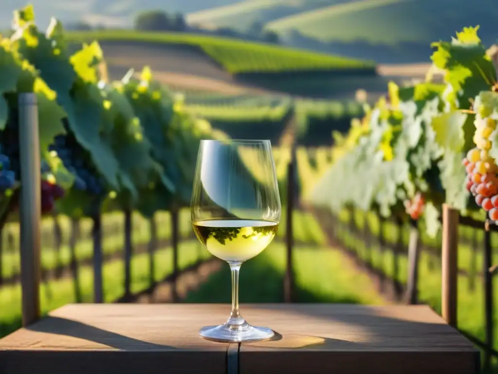 Un vino blanco francés premiado bañado por la luz en un viñedo elegante y sofisticado