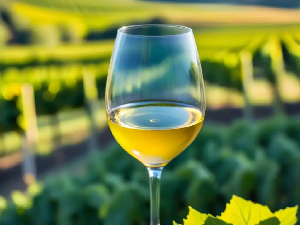 Un vino blanco dulce francés Sauternes en un elegante vaso de cristal, brillando con gotas de condensación, frente a viñedos verdes bajo el sol