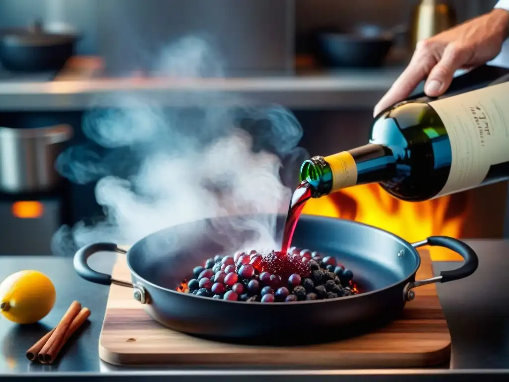 Chef vierte vino en sartén caliente, creando vapor y aromas, mostrando dinámica de cocinar con vino en cocina profesional