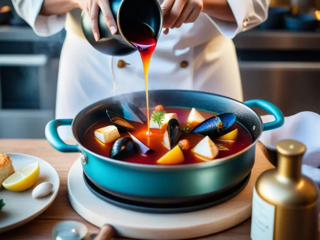 Chef vierte vino francés en bouillabaisse, fusionando culturas culinarias