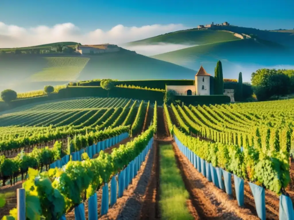 Producción de vino en Francia: Detalles de una pintoresca viña francesa con vides verdes y un chateau al fondo bajo el cielo azul